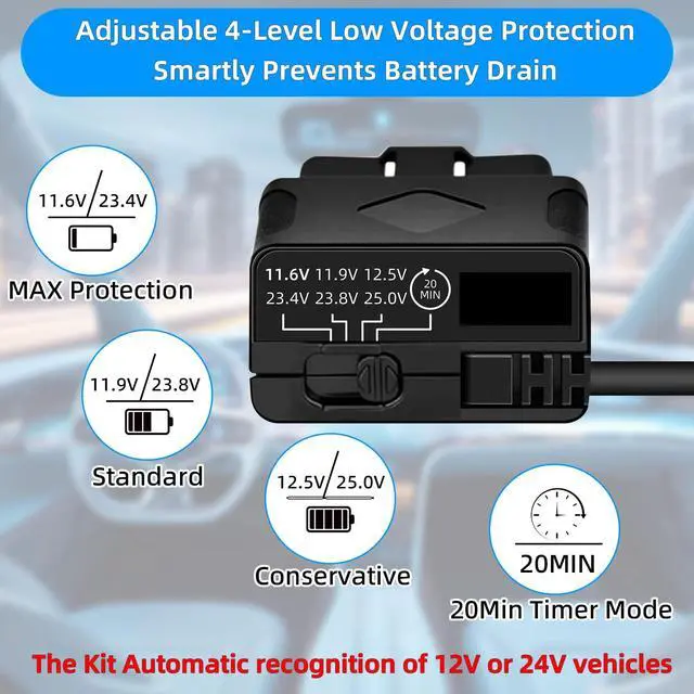 Alt view image 7 of 7 - OBD2 to USB C Power Cable for Dash Cam, Plug and Play Dashcam Hardwire Kit with LED Voltmeter, 4-Level Low Voltage Protection (11.6V/11.9V/12.5V/20min), 12V-24V to 5V/3A for Parking Mode, 11.5ft/3.5M
