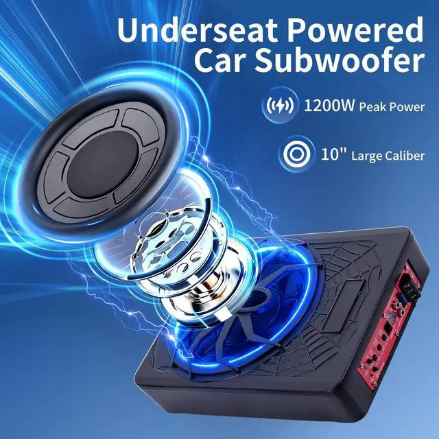 Alt view image 2 of 7 - 10" Slim Car Subwoofer 1200W Underseat Powered Subwoofer Car Audio Subs for Trucks Active Bass Speaker for Car Built-in Amplifier with Blue LED Ambient Light Low & High Level Inputs