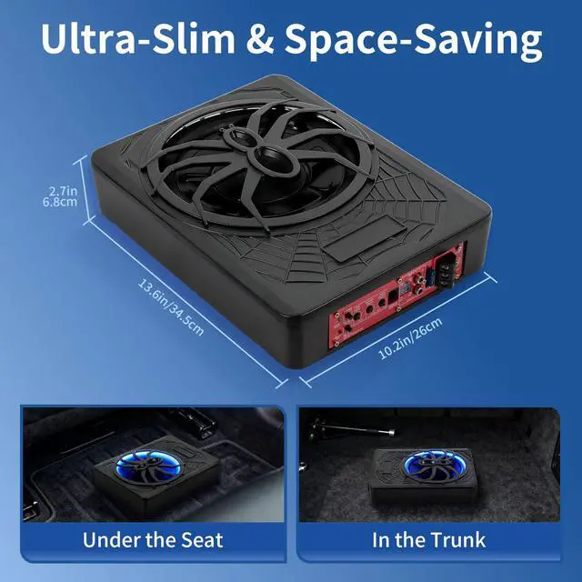 Alt view image 5 of 7 - 10" Slim Car Subwoofer 1200W Underseat Powered Subwoofer Car Audio Subs for Trucks Active Bass Speaker for Car Built-in Amplifier with Blue LED Ambient Light Low & High Level Inputs