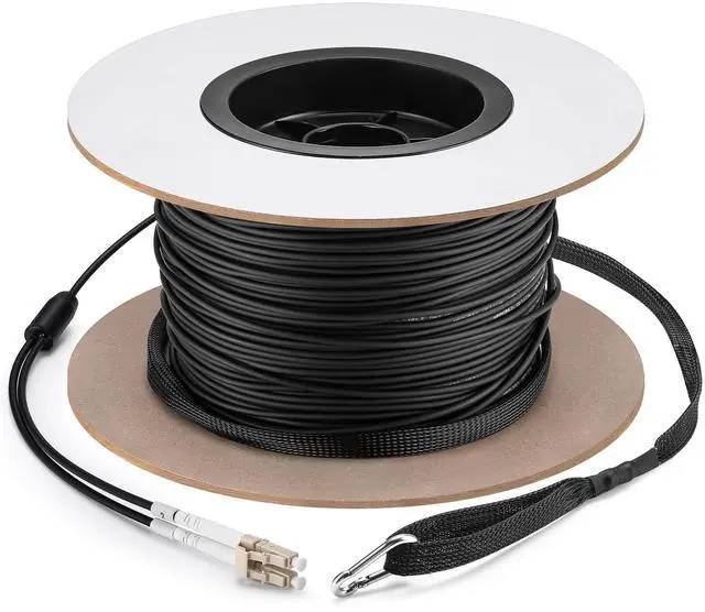Main image of 500ft (150 Meters) OM3 Fiber LC to LC Multimode Outdoor Armored Fiber Optic Cable with Pulling Eye Kit Installed on one end 10GB Jumper Duplex 50/125um Low Friction LSZH Optic Cable Cord