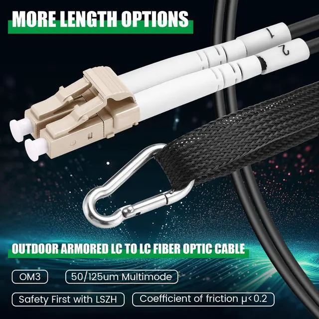 Alt view image 4 of 6 - 500ft (150 Meters) OM3 Fiber LC to LC Multimode Outdoor Armored Fiber Optic Cable with Pulling Eye Kit Installed on one end 10GB Jumper Duplex 50/125um Low Friction LSZH Optic Cable Cord