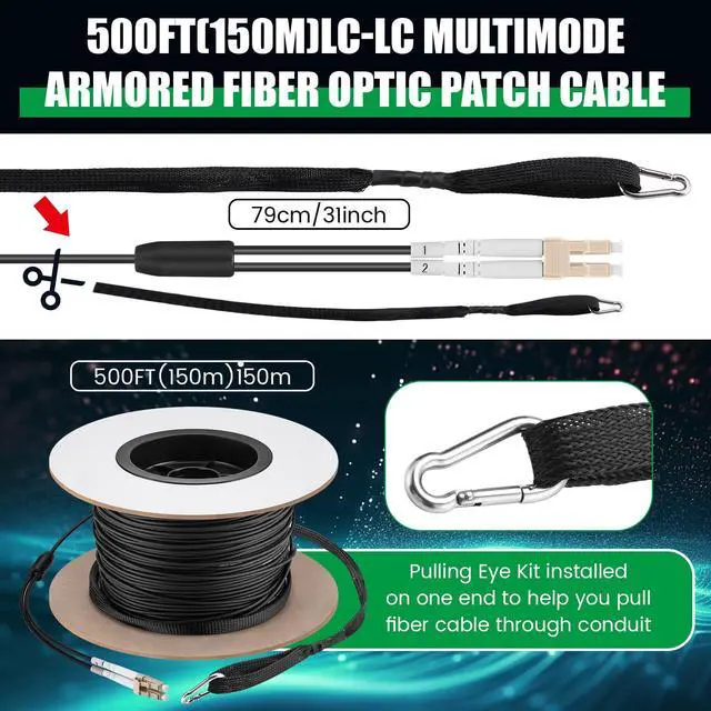 Alt view image 2 of 6 - 500ft (150 Meters) OM3 Fiber LC to LC Multimode Outdoor Armored Fiber Optic Cable with Pulling Eye Kit Installed on one end 10GB Jumper Duplex 50/125um Low Friction LSZH Optic Cable Cord