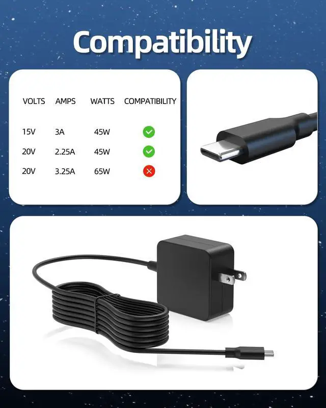 Alt view image 3 of 7 - 45W USB C Charger Fit for Samsung Chromebook 4 4+ XE310XBA XE350XBA XE513C24 XE520QAB XE521QAB W16-030N1A PA-1300-87 Type C Laptop