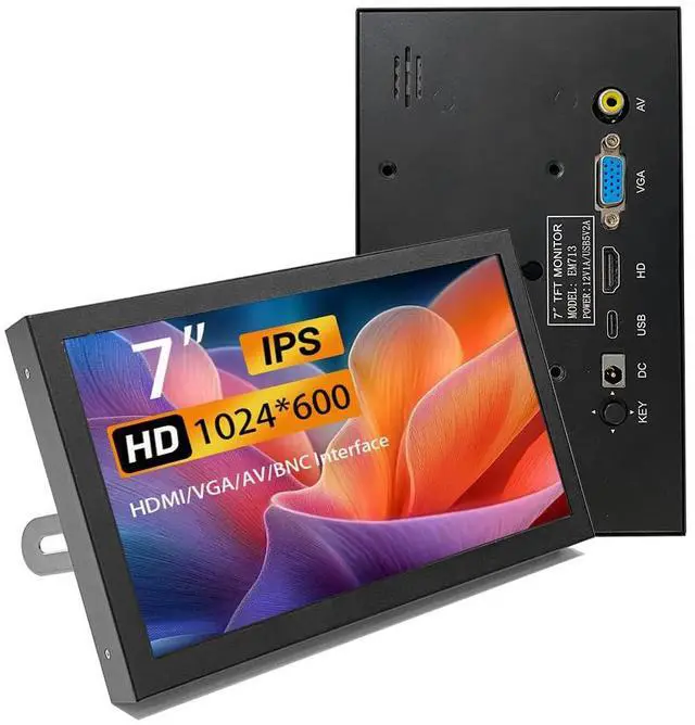Main image of HD Monitor 7 Inch Type-C/DC/AV/VGA Display HDMI LCD 1024 * 600 High Resolution for Raspberry Pi 4/3 Model B/3B+/BB Black/Banana Pi,Work as Computer Monitor for Windows 10/8.1/8/7, EM713-D