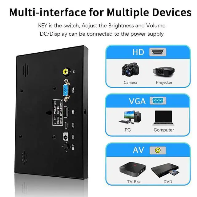Alt view image 3 of 7 - HD Monitor 7 Inch Type-C/DC/AV/VGA Display HDMI LCD 1024 * 600 High Resolution for Raspberry Pi 4/3 Model B/3B+/BB Black/Banana Pi,Work as Computer Monitor for Windows 10/8.1/8/7, EM713-D