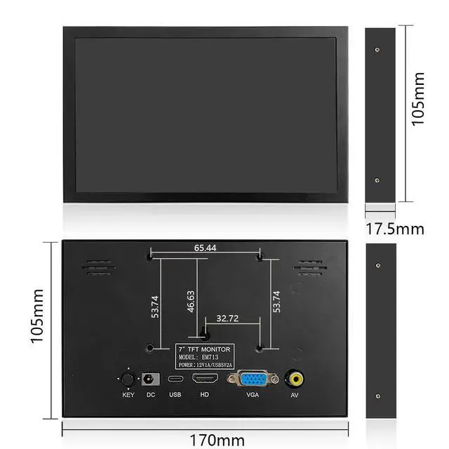 Alt view image 5 of 7 - HD Monitor 7 Inch Type-C/DC/AV/VGA Display HDMI LCD 1024 * 600 High Resolution for Raspberry Pi 4/3 Model B/3B+/BB Black/Banana Pi,Work as Computer Monitor for Windows 10/8.1/8/7, EM713-D