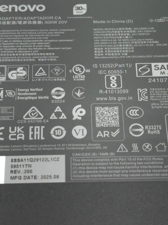 Alt view image 3 of 7 - Slim 300W AC Adapter for Legion 7 7i 5i 5Pro Thinkpad R7000P R9000P ADL300SDC3A ADL300SLC3B, SA11029122, 5A11Q29124