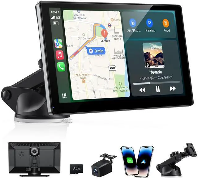 Main image of 9" Wireless Carplay Screen with 4K Dash Cam & 1080P Backup Cam | Android Auto Screen, OTA Updates, GPS, Voice Control, BT, FM, Mirror Link, Easy Install, Fits All Cars