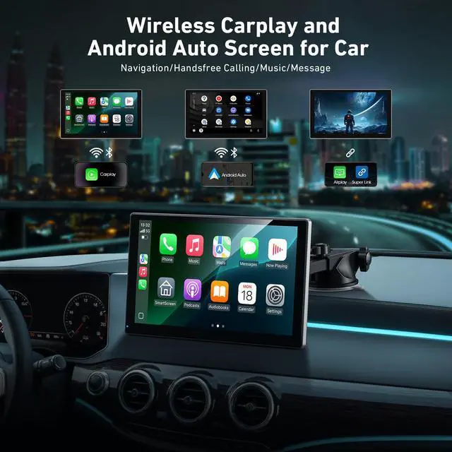 Alt view image 2 of 7 - 9" Wireless Carplay Screen with 4K Dash Cam & 1080P Backup Cam | Android Auto Screen, OTA Updates, GPS, Voice Control, BT, FM, Mirror Link, Easy Install, Fits All Cars