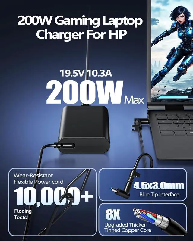 Alt view image 3 of 7 - 200W 150W Laptop Charger Compatible with HP Victus 15 16, OMEN 15 16 17, Pavilion Gaming 15 17, ZBook Fury Create Studio 17 15 G9 G10 G8 G7 AC Adapter Power Supply Cord TPN-DA10 L00818-850