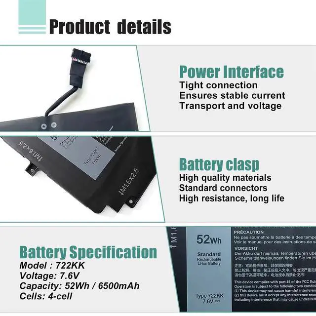 Alt view image 4 of 7 - 52Wh 722KK Laptop Battery Replacement for Dell XPS 13 9300 9310 9380 (2020) P117G002 P117G001 P117G Series 02XXFW 2XXFW FP86V 0WN0N0 7.6V 6800mAh