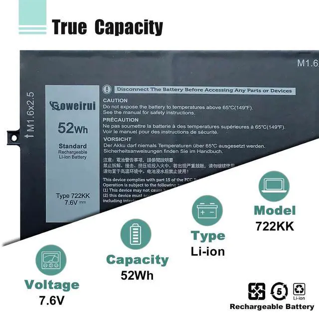 Alt view image 3 of 7 - 52Wh 722KK Laptop Battery Replacement for Dell XPS 13 9300 9310 9380 (2020) P117G002 P117G001 P117G Series 02XXFW 2XXFW FP86V 0WN0N0 7.6V 6800mAh