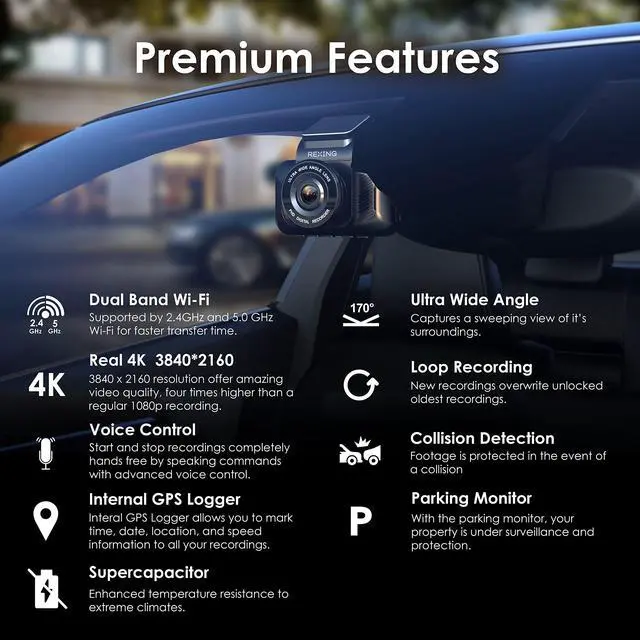 Alt view image 3 of 7 - USA V55 Dash Cam - 4k Modular Capabilities, 5.0 GHz Wi-Fi, GPS Car Dash Camera Recorder, Night Vision, Loop Recording, Parking Monitor, Supercapacitor, Support 256GB Max, Voice Control (2023)
