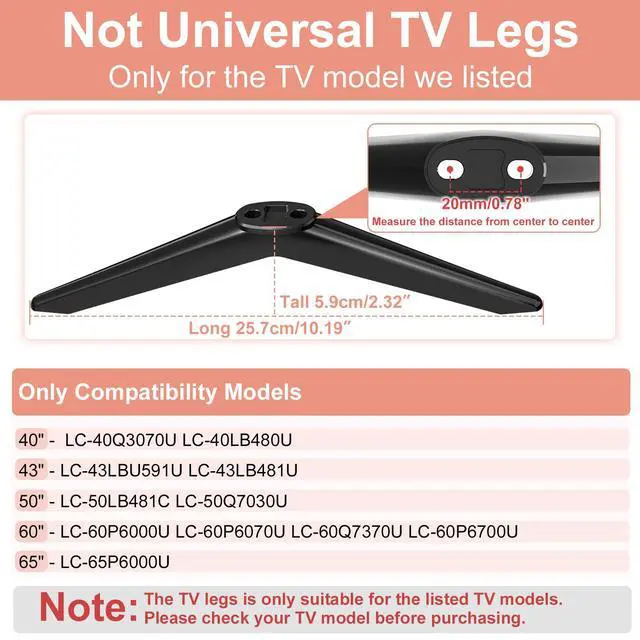 Alt view image 4 of 7 - TV Legs for Sharp TV Stand Base for Sharp LC-40Q3070U, LC-43LB481U, LC-50Q7030U, LC-60Q7370U, LC-65P6000U Not Universal TV Legs Replacement with Screws Only for The Model We Listed