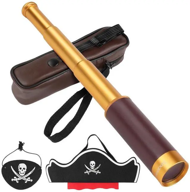 Main image of 25X30 Pirate Telescope Spyglass with Hat&Eye Mask for Kid Monocular Costume | Retro Collapsible Zoomable Brass Captain Spyglass, FMC Lens Costume Accessories for Bird Watching Camping Boating Gift