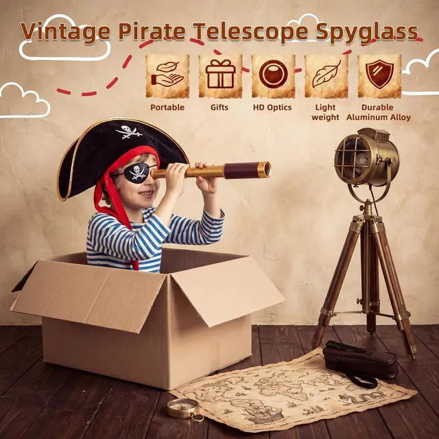 Alt view image 2 of 7 - 25X30 Pirate Telescope Spyglass with Hat&Eye Mask for Kid Monocular Costume | Retro Collapsible Zoomable Brass Captain Spyglass, FMC Lens Costume Accessories for Bird Watching Camping Boating Gift