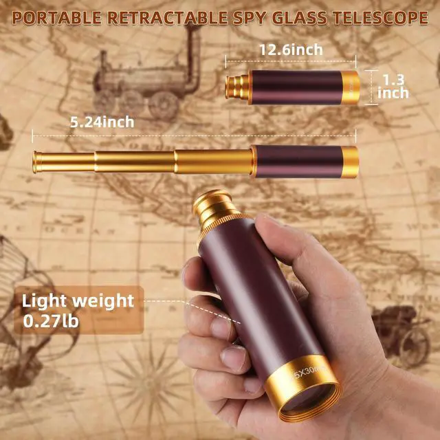 Alt view image 3 of 7 - 25X30 Pirate Telescope Spyglass with Hat&Eye Mask for Kid Monocular Costume | Retro Collapsible Zoomable Brass Captain Spyglass, FMC Lens Costume Accessories for Bird Watching Camping Boating Gift