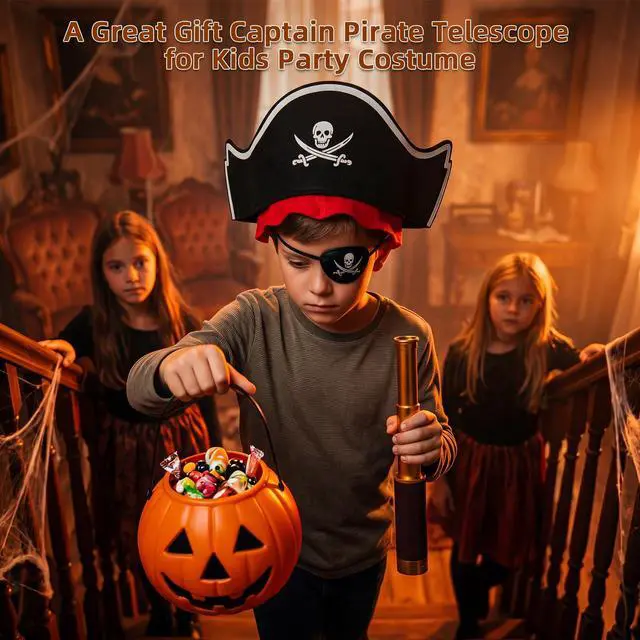 Alt view image 6 of 7 - 25X30 Pirate Telescope Spyglass with Hat&Eye Mask for Kid Monocular Costume | Retro Collapsible Zoomable Brass Captain Spyglass, FMC Lens Costume Accessories for Bird Watching Camping Boating Gift