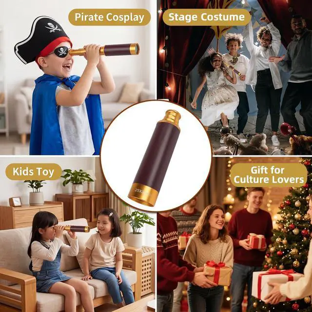 Alt view image 7 of 7 - 25X30 Pirate Telescope Spyglass with Hat&Eye Mask for Kid Monocular Costume | Retro Collapsible Zoomable Brass Captain Spyglass, FMC Lens Costume Accessories for Bird Watching Camping Boating Gift