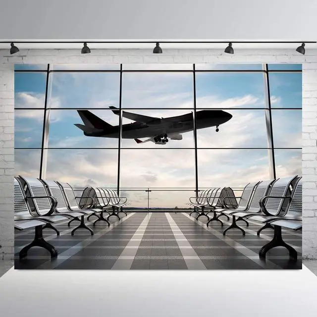 Main image of Airport Terminal Airplane Photography Backdrop 7x5FT | Realistic Airport Airplane Terminal Wall, Lightweight Vinyl, Travel Pilot Photo Backdrop, Easy Hang & Wipe Clean