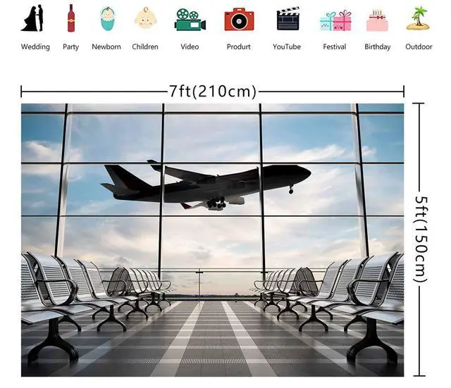 Alt view image 3 of 5 - Airport Terminal Airplane Photography Backdrop 7x5FT | Realistic Airport Airplane Terminal Wall, Lightweight Vinyl, Travel Pilot Photo Backdrop, Easy Hang & Wipe Clean
