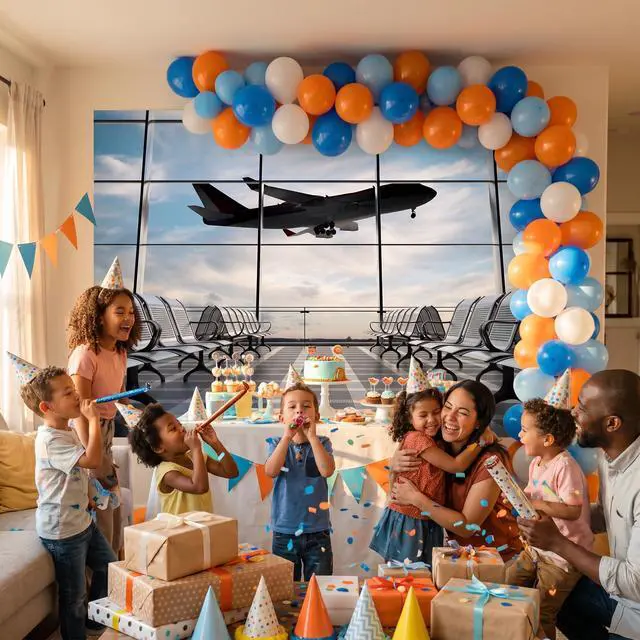 Alt view image 2 of 5 - Airport Terminal Airplane Photography Backdrop 7x5FT | Realistic Airport Airplane Terminal Wall, Lightweight Vinyl, Travel Pilot Photo Backdrop, Easy Hang & Wipe Clean