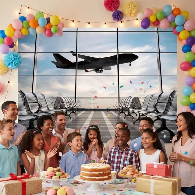 Alt view image 5 of 5 - Airport Terminal Airplane Photography Backdrop 7x5FT | Realistic Airport Airplane Terminal Wall, Lightweight Vinyl, Travel Pilot Photo Backdrop, Easy Hang & Wipe Clean