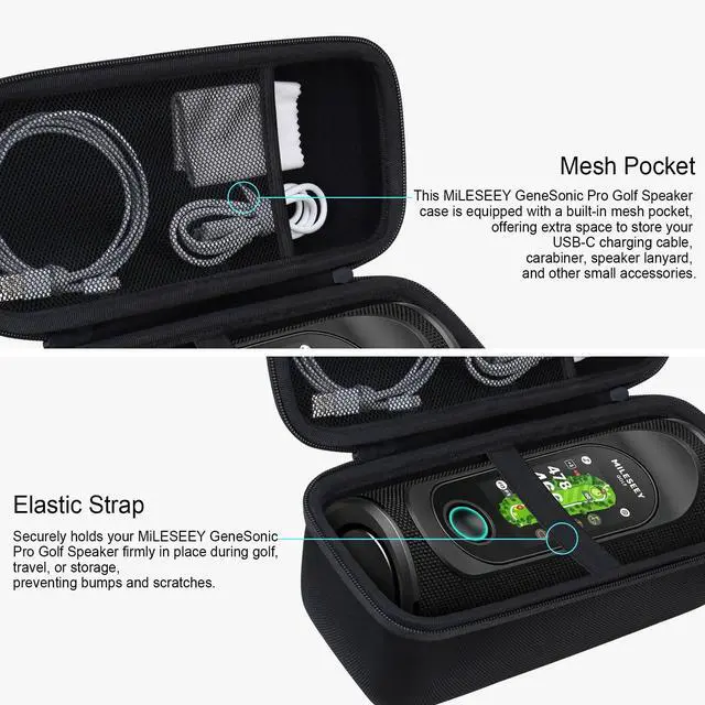 Alt view image 4 of 7 - Hard Case for MiLESEEY GeneSonic Pro Golf Speaker, Black | GPS Rangefinder Handheld Shockproof Protective Travel Bag, Mesh Pocket for USB Cable and Carabiner
