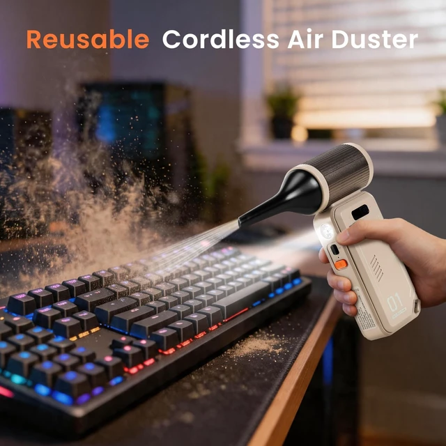 Alt view image 3 of 7 - 130,000 RPM Rechargeable Compressed Air Duster, Camel Stepless airflow, LED work light and 4 attachments for keyboards, computers, cars and narrow spaces