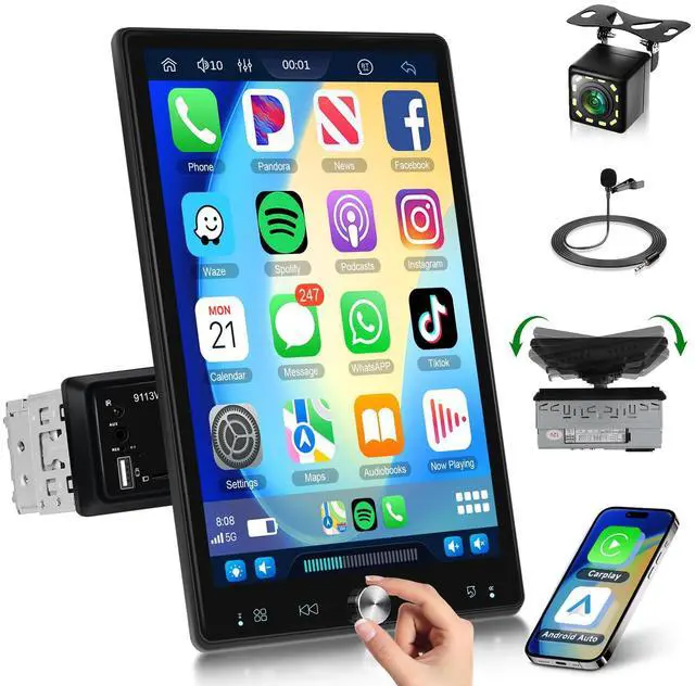 Main image of 10.4 inch Single Din Car Stereo with Wireless Carplay Android Auto-2025 Upgraded 1080P IPS Detachable Touch Screen,5.2Bluetooth,12LED Backup Camera,FM Radio,USB/AUX,Mirror Link,SWC