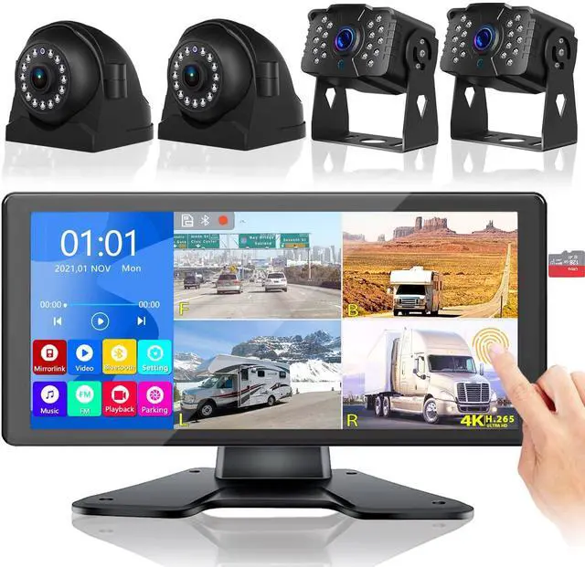 Main image of RV Backup Camera for RV Truck Semi Truck Trailer, 4K 10.36" Touch Monitor with Recording DVR MP5 Bluetooth Adjustable Parking Assist Line & Four 1080P AHD IP69 Waterproof Rear Side View Backup Cameras