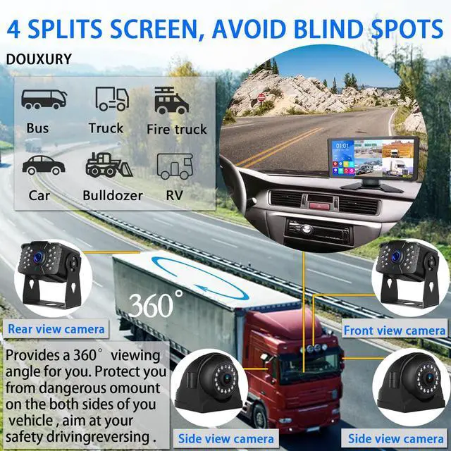 Alt view image 3 of 7 - RV Backup Camera for RV Truck Semi Truck Trailer, 4K 10.36" Touch Monitor with Recording DVR MP5 Bluetooth Adjustable Parking Assist Line & Four 1080P AHD IP69 Waterproof Rear Side View Backup Cameras