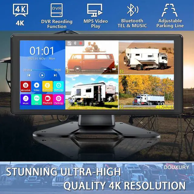Alt view image 6 of 7 - RV Backup Camera for RV Truck Semi Truck Trailer, 4K 10.36" Touch Monitor with Recording DVR MP5 Bluetooth Adjustable Parking Assist Line & Four 1080P AHD IP69 Waterproof Rear Side View Backup Cameras