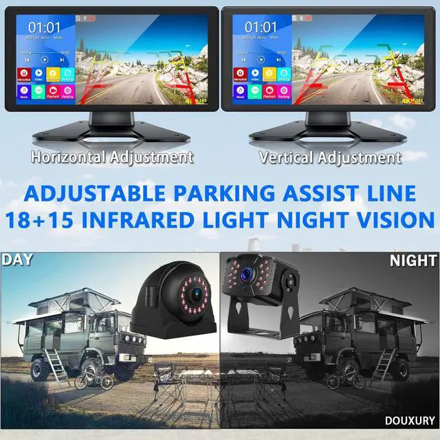 Alt view image 7 of 7 - RV Backup Camera for RV Truck Semi Truck Trailer, 4K 10.36" Touch Monitor with Recording DVR MP5 Bluetooth Adjustable Parking Assist Line & Four 1080P AHD IP69 Waterproof Rear Side View Backup Cameras