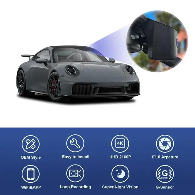 Alt view image 3 of 6 - 4K Dash Cam for 2025-2026 Porsche 911 & 911 GT3 RS & Turbo S (992.2) Cabriolet Coupe, OEM Factory Look, UHD 2160P Video, WiFi & APP, Loop Recording, Parking Mode, Easy to Install, 64GB Card