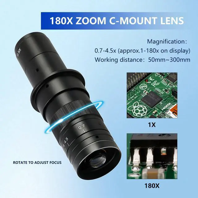 Alt view image 3 of 7 - 4K Digital Microscope with 180X Zoom Lens, Ultra-Stable Base Stand, Adjustable LED Ring Light, HDMI/Type-C Output, 60MP Industrial Inspection Camera for PCB Soldering, Coin Viewing, Jewelry