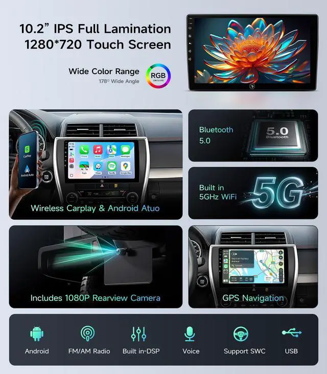 Alt view image 7 of 7 - Car Radio Stereo for Toyota Camry 2012-2014, Wireless CarPlay Android Auto | IPS HD touchscreen, 5G WiFi GPS, phone link, Bluetooth AM FM SWC, plug-and-play, 1080P backup camera