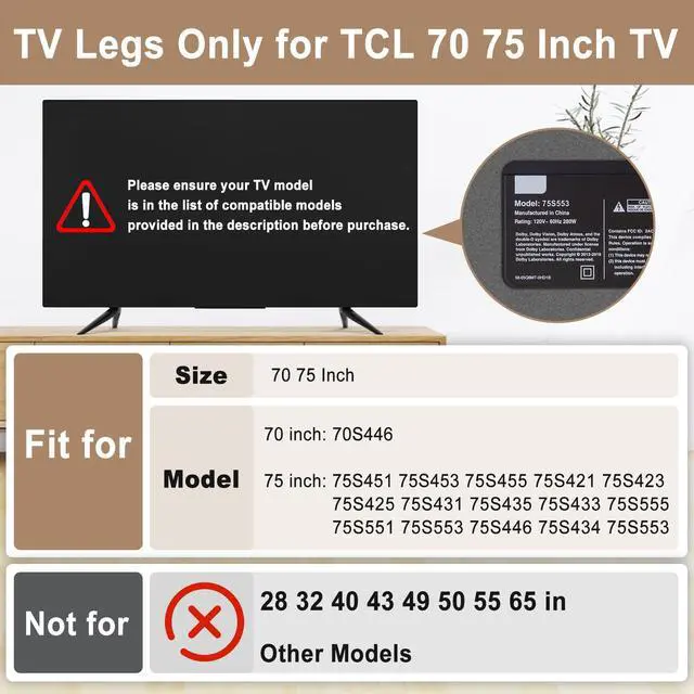Alt view image 2 of 7 - (Upgraded Version)Metal Base TV Legs for TCL TV Stand Legs 70" 75" 70S446 75S451 75S453 75S455 75S421 75S423 75S425 75S431 75S435 75S433 75S555 75S551 75S553 75S446, TV Feet for Roku TV Stand Legs