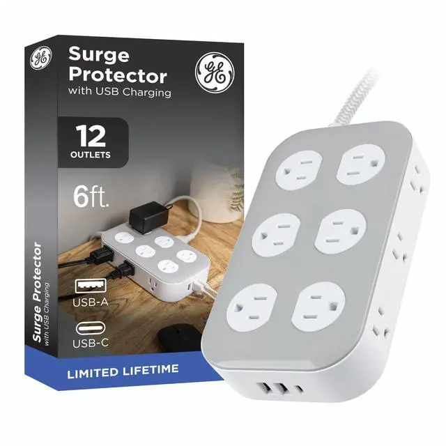 Main image of Sur Protector Power Strip with USB Ports, 6 Ft Braided Extension Cord | 2100 Joules, 12 Outlet Extender, 2 USB-A, 1 USB-C, Flat Plug, Charging Station, ETL Safety Certified, White, 84214
