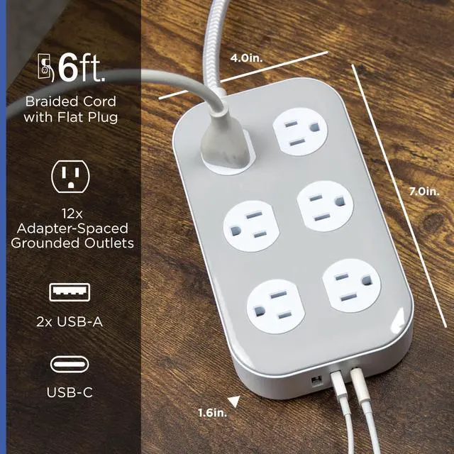 Alt view image 2 of 7 - Sur Protector Power Strip with USB Ports, 6 Ft Braided Extension Cord | 2100 Joules, 12 Outlet Extender, 2 USB-A, 1 USB-C, Flat Plug, Charging Station, ETL Safety Certified, White, 84214