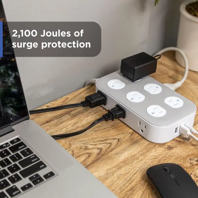 Alt view image 4 of 7 - Sur Protector Power Strip with USB Ports, 6 Ft Braided Extension Cord | 2100 Joules, 12 Outlet Extender, 2 USB-A, 1 USB-C, Flat Plug, Charging Station, ETL Safety Certified, White, 84214