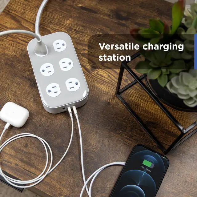 Alt view image 6 of 7 - Sur Protector Power Strip with USB Ports, 6 Ft Braided Extension Cord | 2100 Joules, 12 Outlet Extender, 2 USB-A, 1 USB-C, Flat Plug, Charging Station, ETL Safety Certified, White, 84214