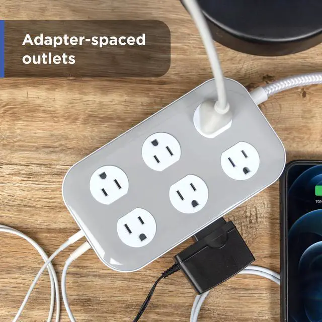 Alt view image 5 of 7 - Sur Protector Power Strip with USB Ports, 6 Ft Braided Extension Cord | 2100 Joules, 12 Outlet Extender, 2 USB-A, 1 USB-C, Flat Plug, Charging Station, ETL Safety Certified, White, 84214