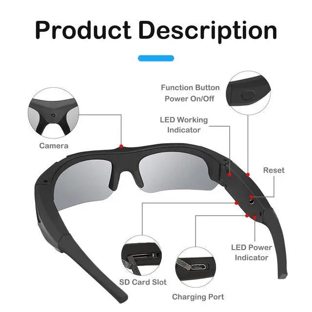 Alt view image 2 of 7 - Sports Camera Glasses for Men, Video Recording Glasses, 1080P HD Eyewear UV Protection Camera Sunglasses for Outdoor Activities Cycling, Traveling, Driving