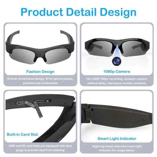 Alt view image 4 of 7 - Sports Camera Glasses for Men, Video Recording Glasses, 1080P HD Eyewear UV Protection Camera Sunglasses for Outdoor Activities Cycling, Traveling, Driving