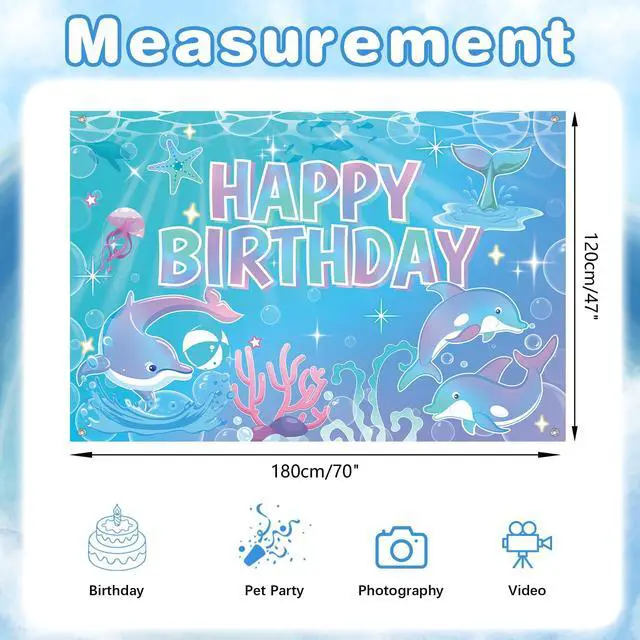 Alt view image 2 of 7 - Dolphin Birthday Party Supplies Backdrop, Blue Birthday Photography Background, for Ocean Dolphin Theme Birthday Baby Shower Party Decorations