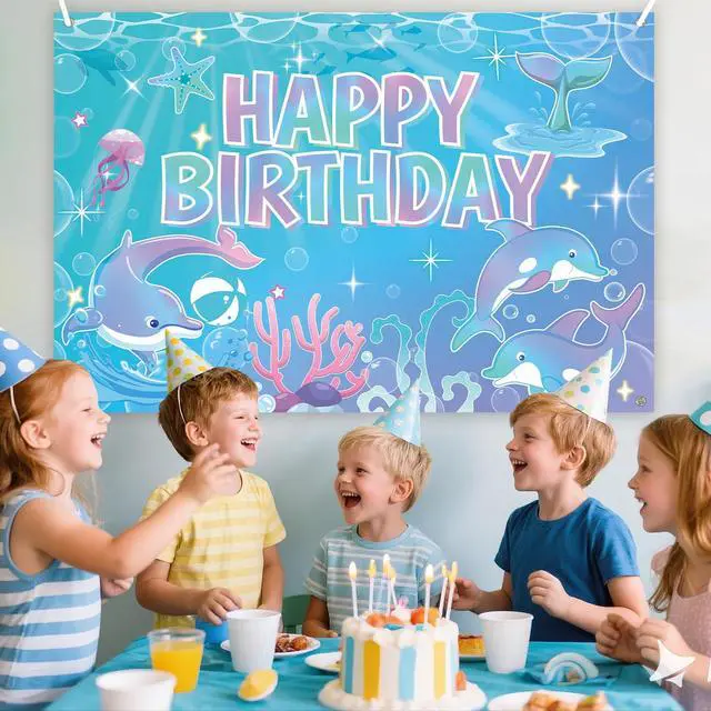 Alt view image 4 of 7 - Dolphin Birthday Party Supplies Backdrop, Blue Birthday Photography Background, for Ocean Dolphin Theme Birthday Baby Shower Party Decorations