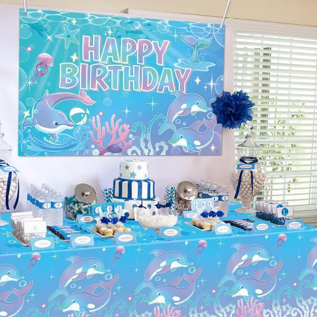 Alt view image 5 of 7 - Dolphin Birthday Party Supplies Backdrop, Blue Birthday Photography Background, for Ocean Dolphin Theme Birthday Baby Shower Party Decorations
