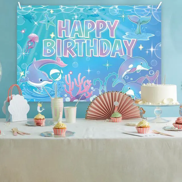 Alt view image 6 of 7 - Dolphin Birthday Party Supplies Backdrop, Blue Birthday Photography Background, for Ocean Dolphin Theme Birthday Baby Shower Party Decorations