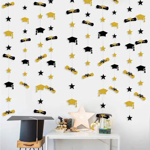 Main image of Graduation Decorations 2026 Graduation Hat Diploma Star Garland Banner Bunting Streamer Backdrop for Graduation Party Supplies Classroom Middle High School Grad Home Decor (Black Gold)